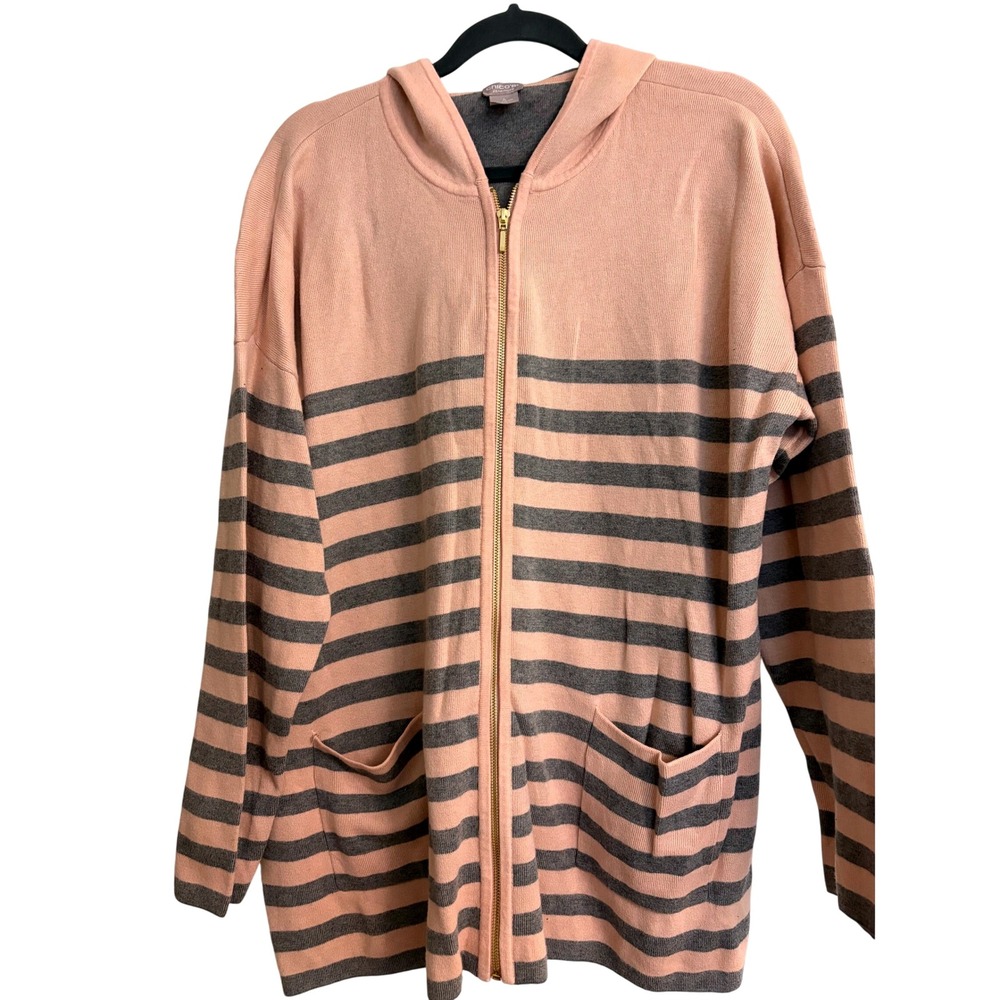 Chico's 4 Zenergy Hoodie XXL Pink Gray Striped Full Zip Sweater Pockets Terry